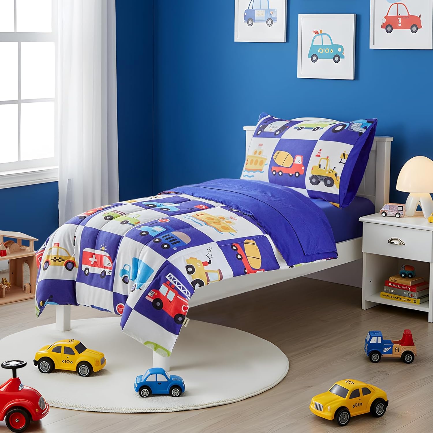 White Navy Toddler Bedding Set for Boys Girls Colorful Cars Vehicle Auto Fire Engine Bulldozer 4PC Toddler Bed Set - Soft Cute Toddler Plaid Patchwork Bed in a Bag with Sheet Set and Pillow Shams