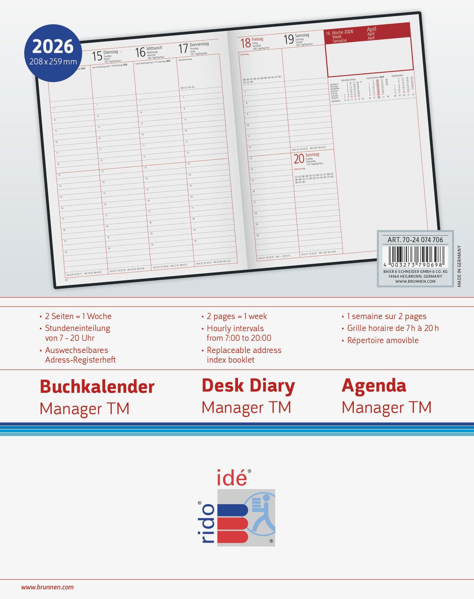 rido/idé Buchkalender Mod. Managerkalender TM 2026 | 20,5×26 cm, Kunstleder, rotbraun