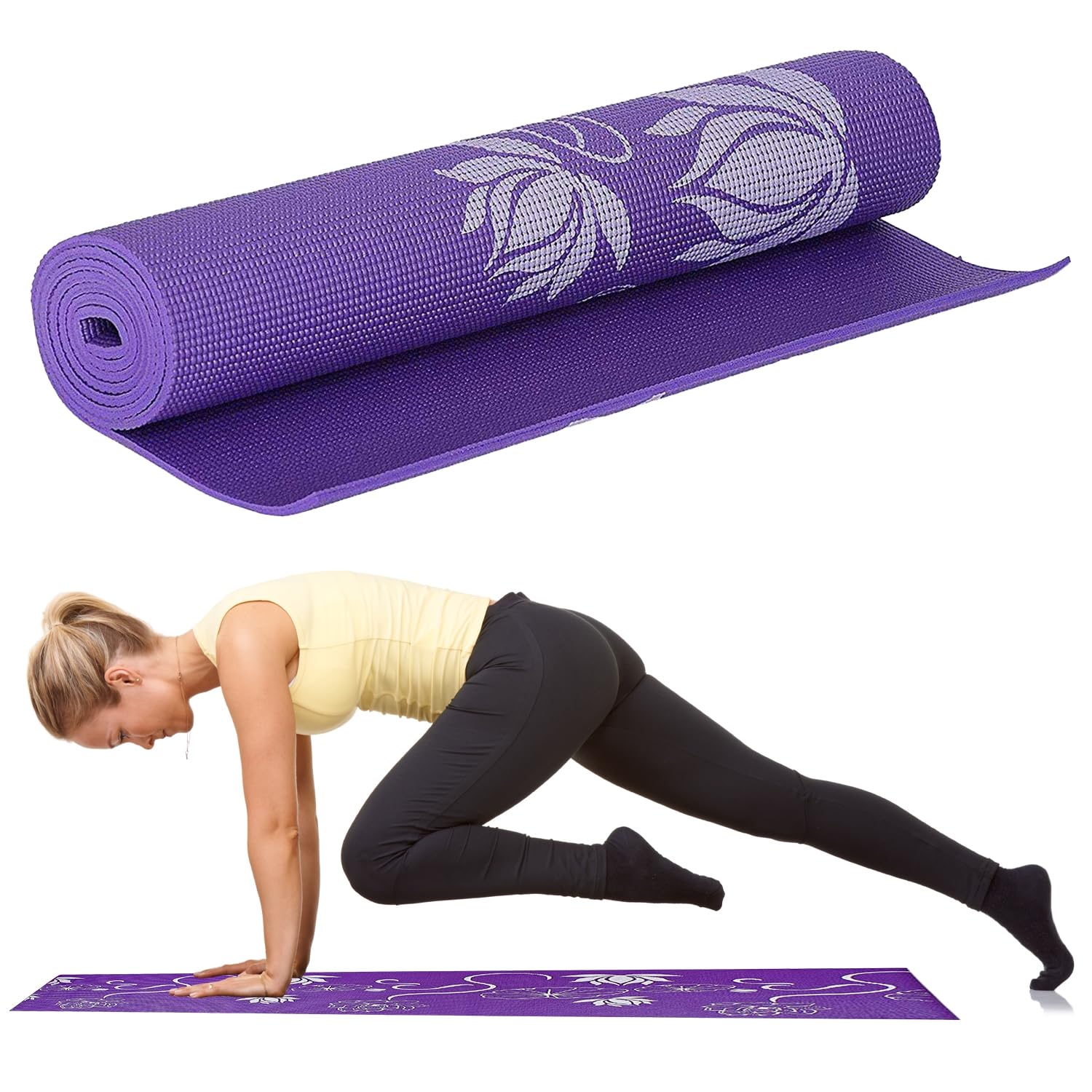 Strauss Exercise Floral Yoga Mat with Carry Bag Non-Slip Exercise & Fitness Mat for Yoga, Pilates & Floor Workouts For Men & Women Anti Tear Mat | Home & Gym Workout |Size-8mm, (Purple)