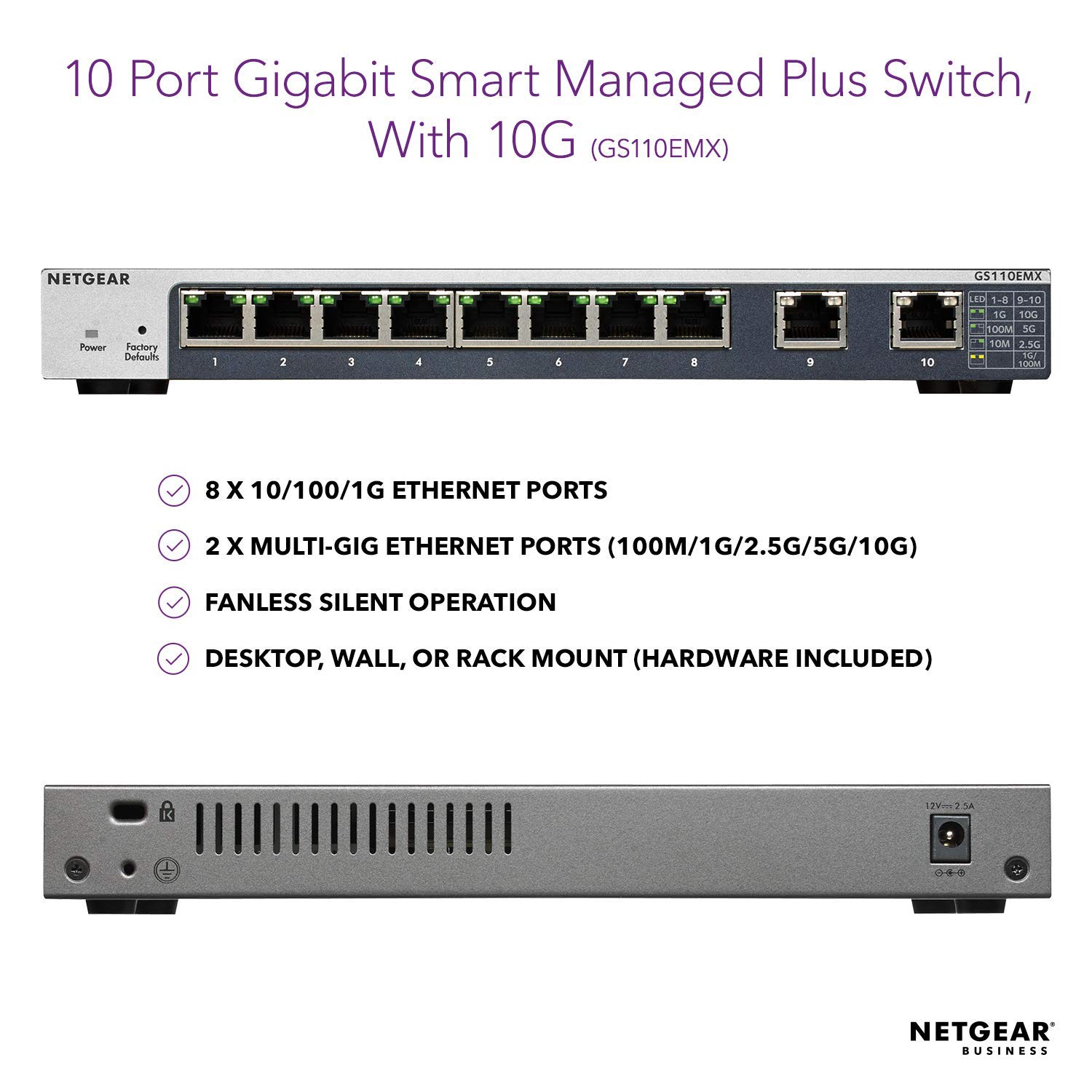 NETGEAR 10-Port Gigabit/10G Ethernet Plus Switch (GS110EMX) - with 2 x 10G/Multi-gig, Desktop/Rackmount, and ProSAFE Limited Lifetime Protection (Renewed)