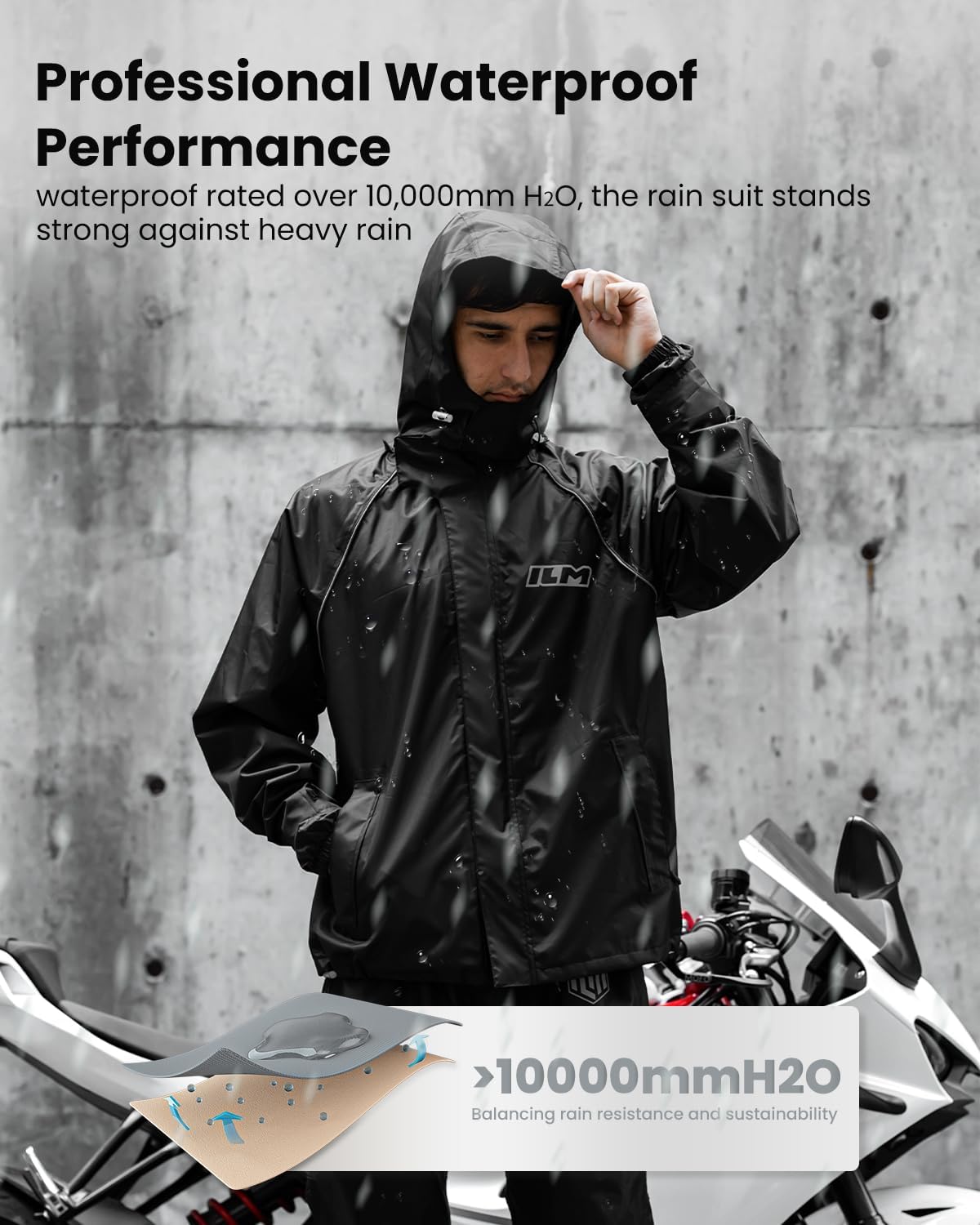 ILM Motorcycle Rain Suit for Men 2 Piece Waterproof Jacket and Pants Hidden Shoe Cover Breathable Reflective Model RS03 - Image 2