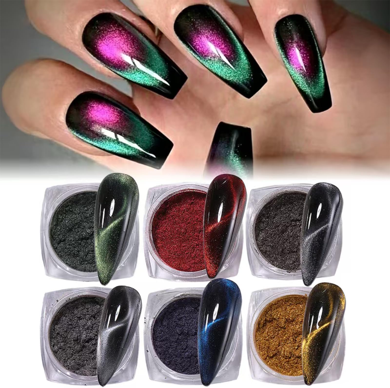6 Colors Gray Black Chrome Nail Powder Metallic Nail Powder Holographic Mirror Effect Chrome Powder Fall Winter Powders Glitter Nail Art Pigment Manicure Powder for Nails