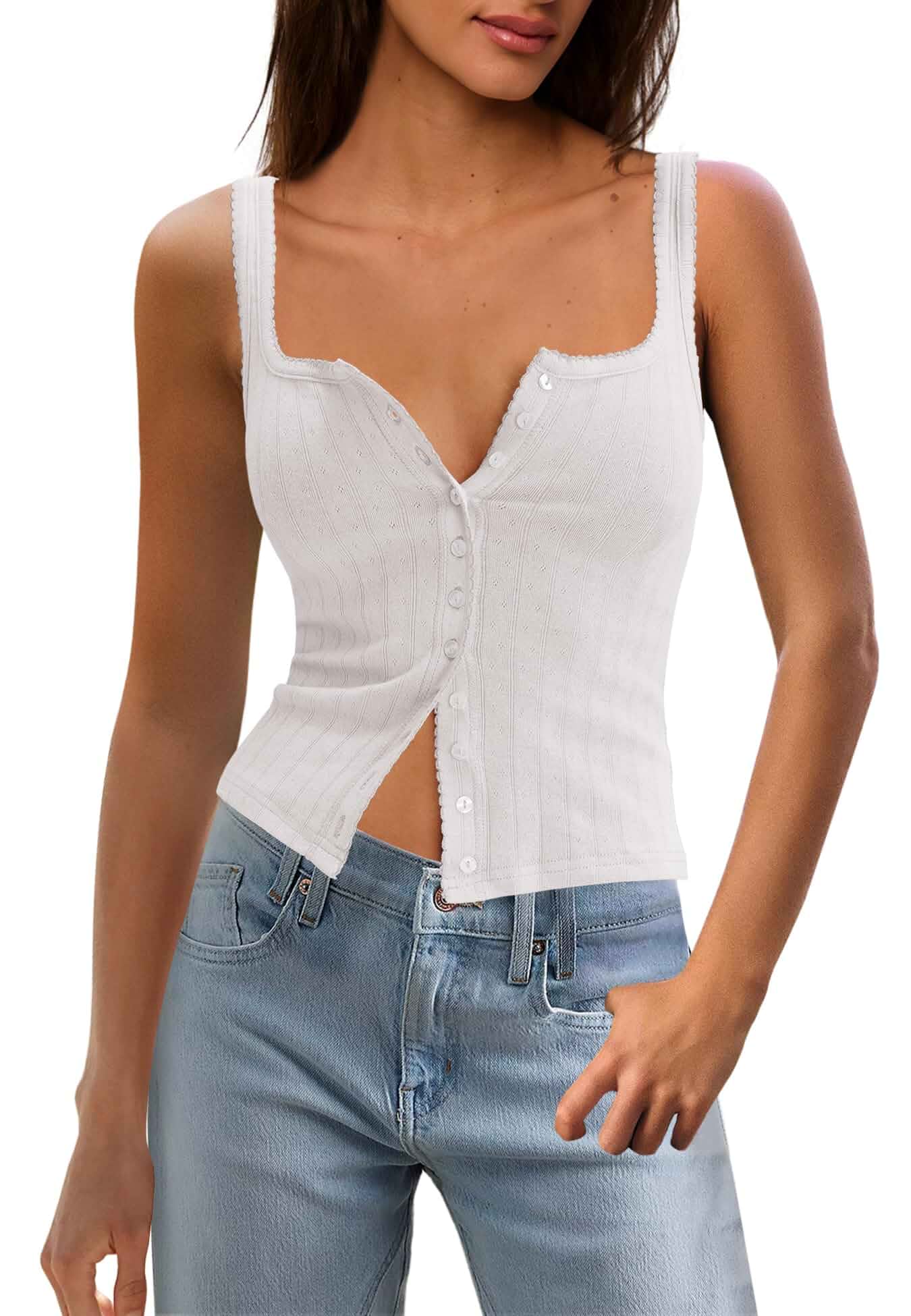 Panadila Women Ribbed Square Neck Button Down Summer Tank Top Sleeveless Fitted Knit Top with Picot Trim and Soft Stretchy Fabric, Cute Going Out Top for Vacation, Beach and Casual Wear