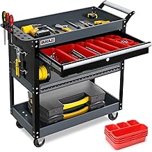 AIRAJ 3 Tier Rolling Tool Cart,Includes 8 Storage Boxes and Hooks | Lockable Drawer Tool Cart | Lockable Castors, Maximum Load Capacity 200kg, Multi-Purpose Garage, Warehouse and Workshop Trolley.
