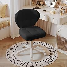 Vanity Chair with Back Small Armless Office Chair with Wheels, Lumbar Support, PU Leather, Adjustable Height, 360 Swivel for Home, Bedroom, Office Black Set of 1