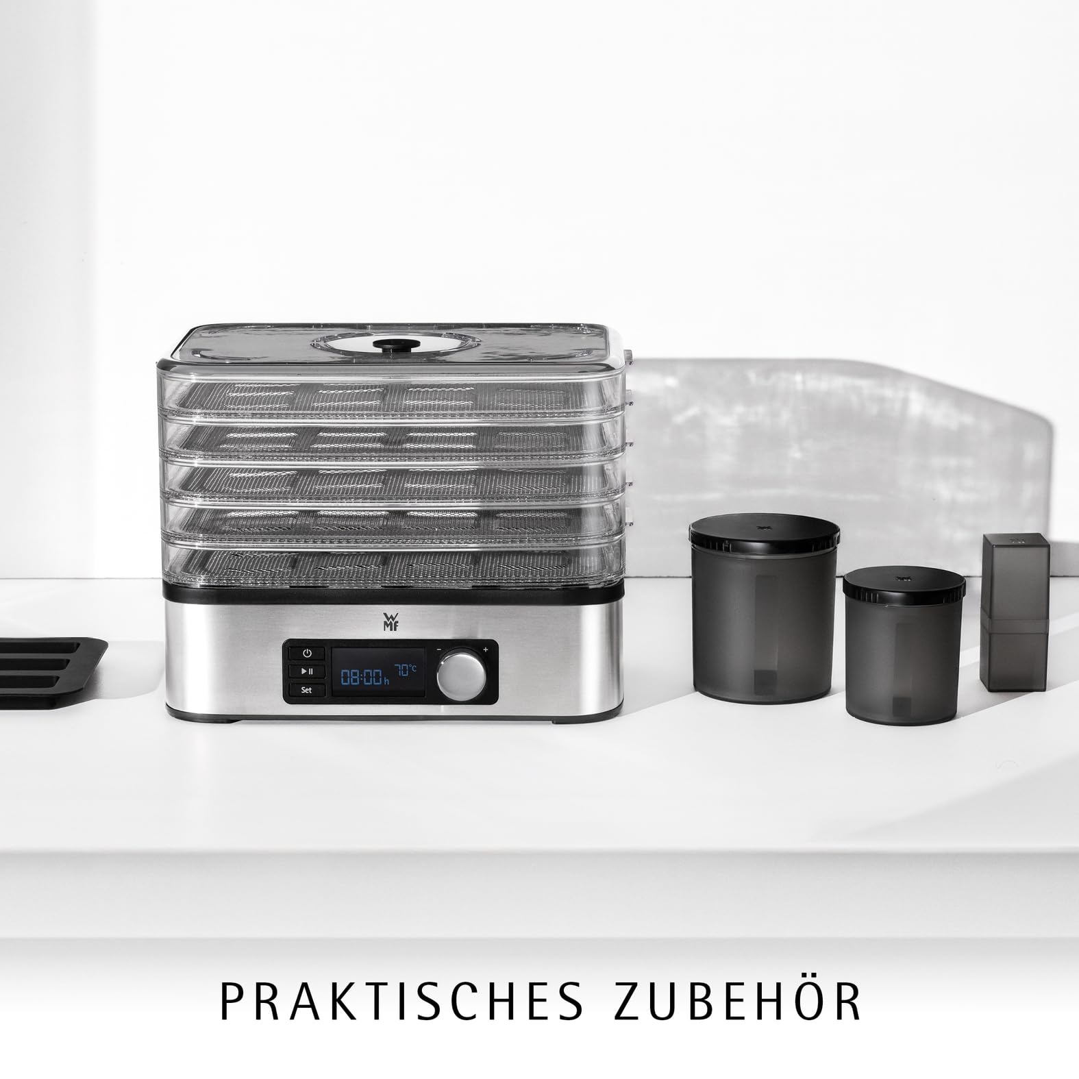 WMF Küchenminis Dörrautomat Edelstahl, Dörrgerät mit 5 Einlegefächern, 30-70°C, bis 24h-Timer, Obsttrockner, Dehydrator, 2 Aufbewahrungsboxen, Müsliriegelform, spülmaschinengeeignete Teile