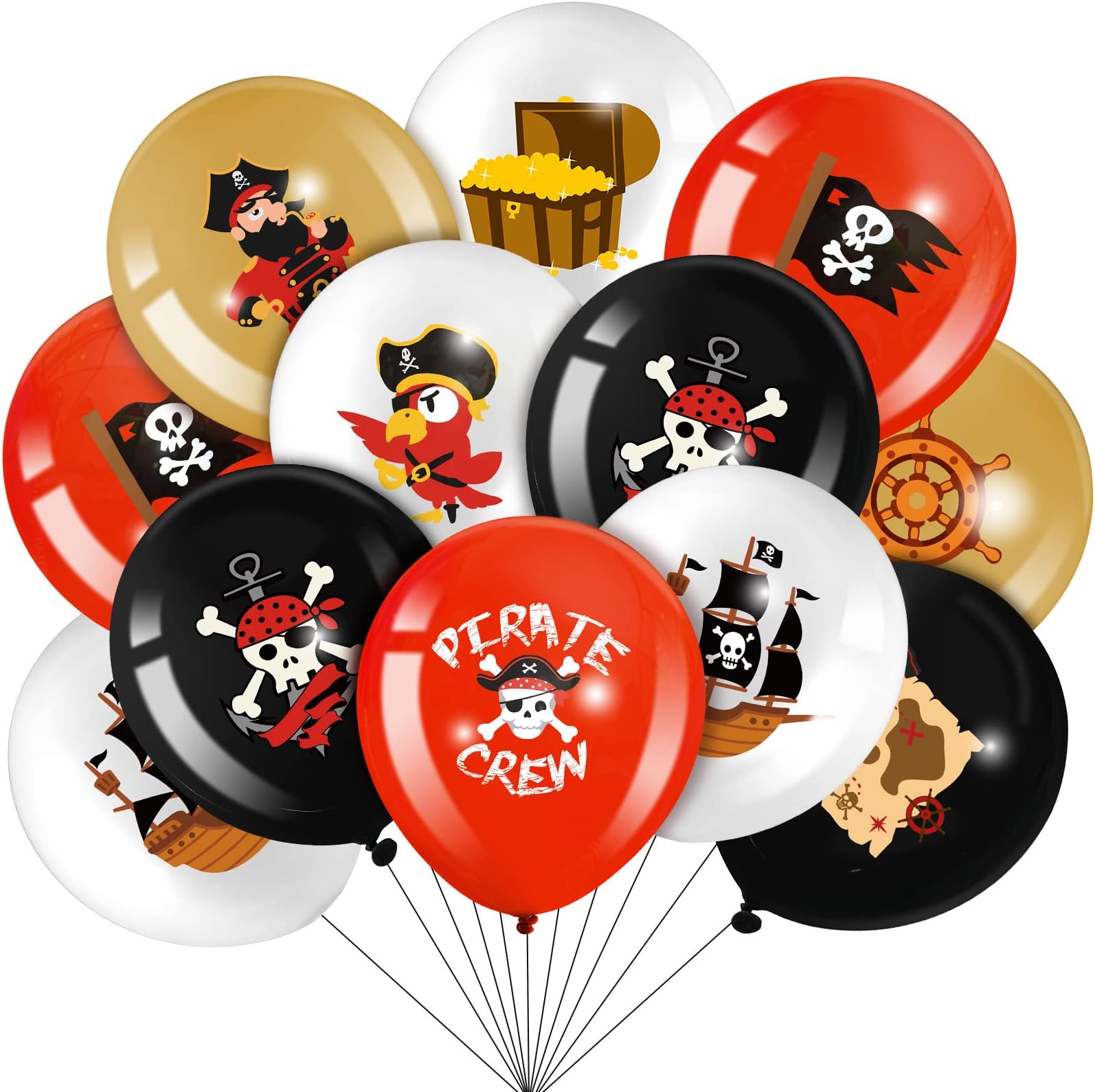 45 Pcs Pirate Party Balloons Red Black White Latex Balloons Set Round Caribbean Gold Skull Pirate Ship Sea Sailing Decoration for Birthday Party Halloween Supplies