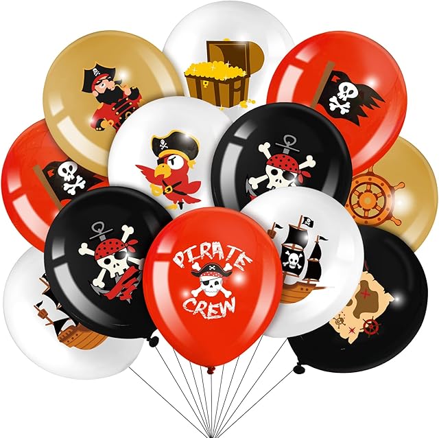 45 Pcs Pirate Party Balloons Latex Pirate Balloons Set Round Pirate Balloons Caribbean Pirate Skull Pirate Ship Balloons for Pirate Theme Parties Birthday Party Decorations Halloween Party Supplies