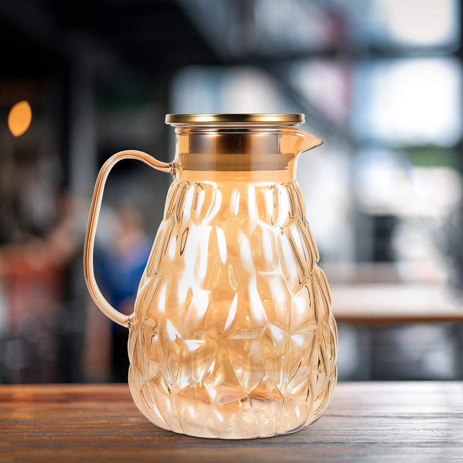 Large Capacity 1800Ml Glass Water Pitcher with Lid, Heat-Resistant Glass Cold Drink Jug for Home and Fridge Use, Gold Shell Design Beverage Serveware