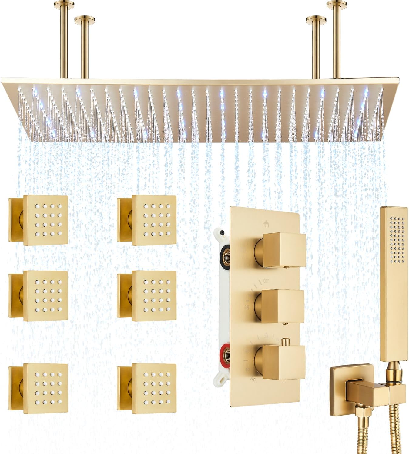16"x32" Shower Head System Ceiling Mount Shower Faucet Set Luxury Shower Faucets with Adjustable Body Shower Jets and Handheld Spray LED Large Rainfall Showerhead, Matte Black