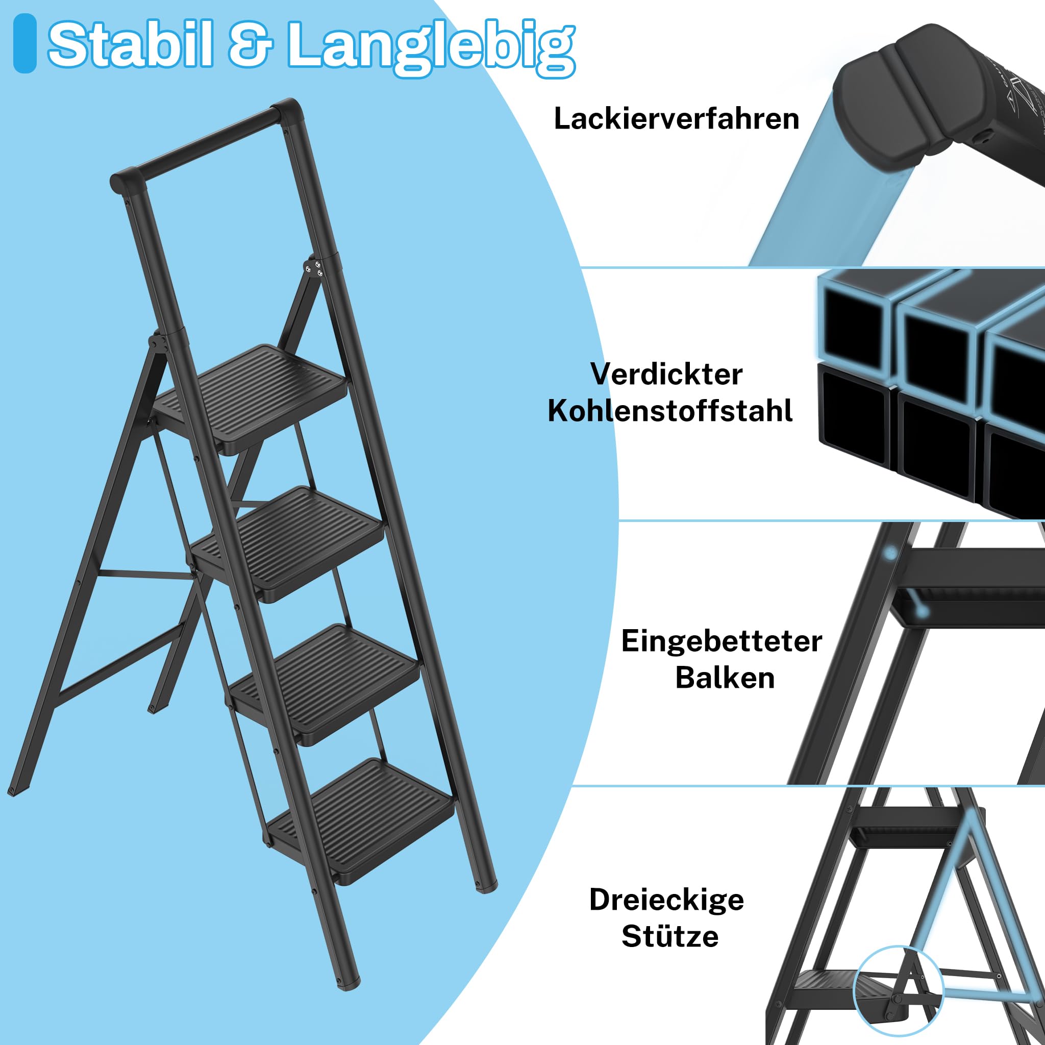 Froadp Trittleiter 4 Stufen Klappbar rutschfeste Stehleiter Eisen Klappleiter Multifunktionale Leiter mit Handlauf Tritthocker Haushaltsleiter für Haus Küche und Außenbereich Belastbar bis 270 kg