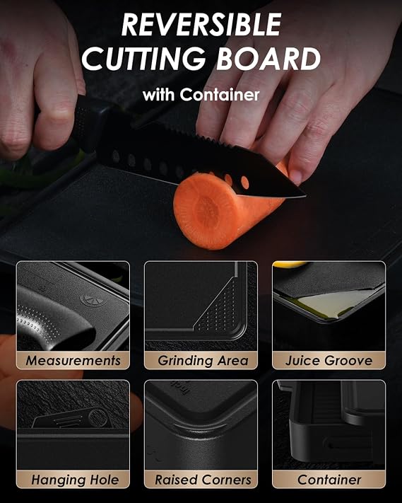 Mitsuharu 5 in 1 Camping Cutting Board Set with Santoku Knife,Separable Shears,Peeler & Slicing Knife and Sharpening Slots,Portable Camper Accessories Kitchen Set, Black