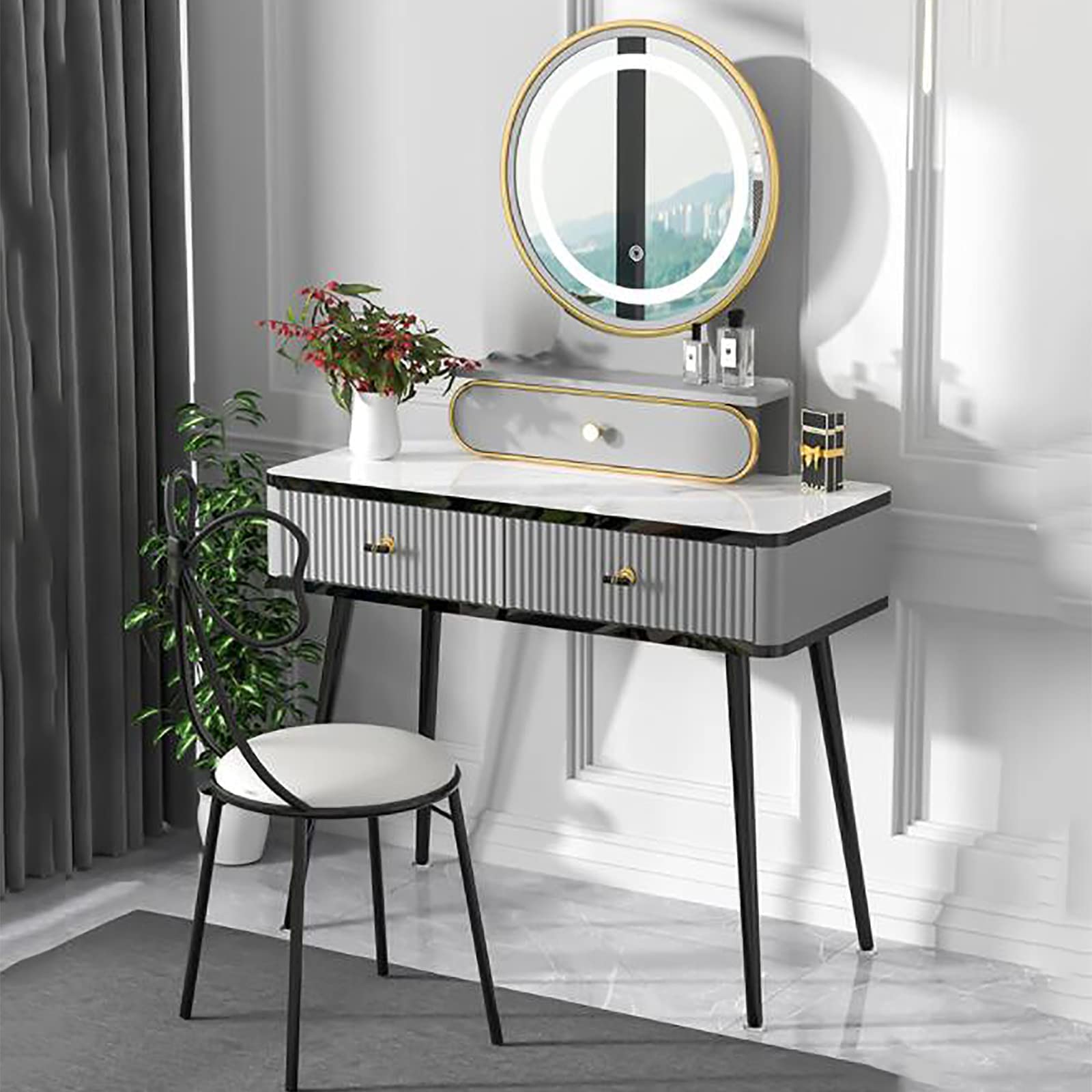 Juego de tocador de maquillaje con espejo de control táctil, cajón de almacenamiento de brillo ajustable, ideal para baño, mujeres y niñas, 3 opciones de color