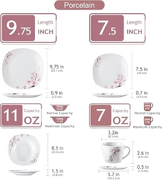 VEWEET Annie Porcelain Dinnerware for 6, 30-Piece Pink Floral Dish Set With Plates and Bowls Including Dinner, Dessert, Soup, Cups & Saucers