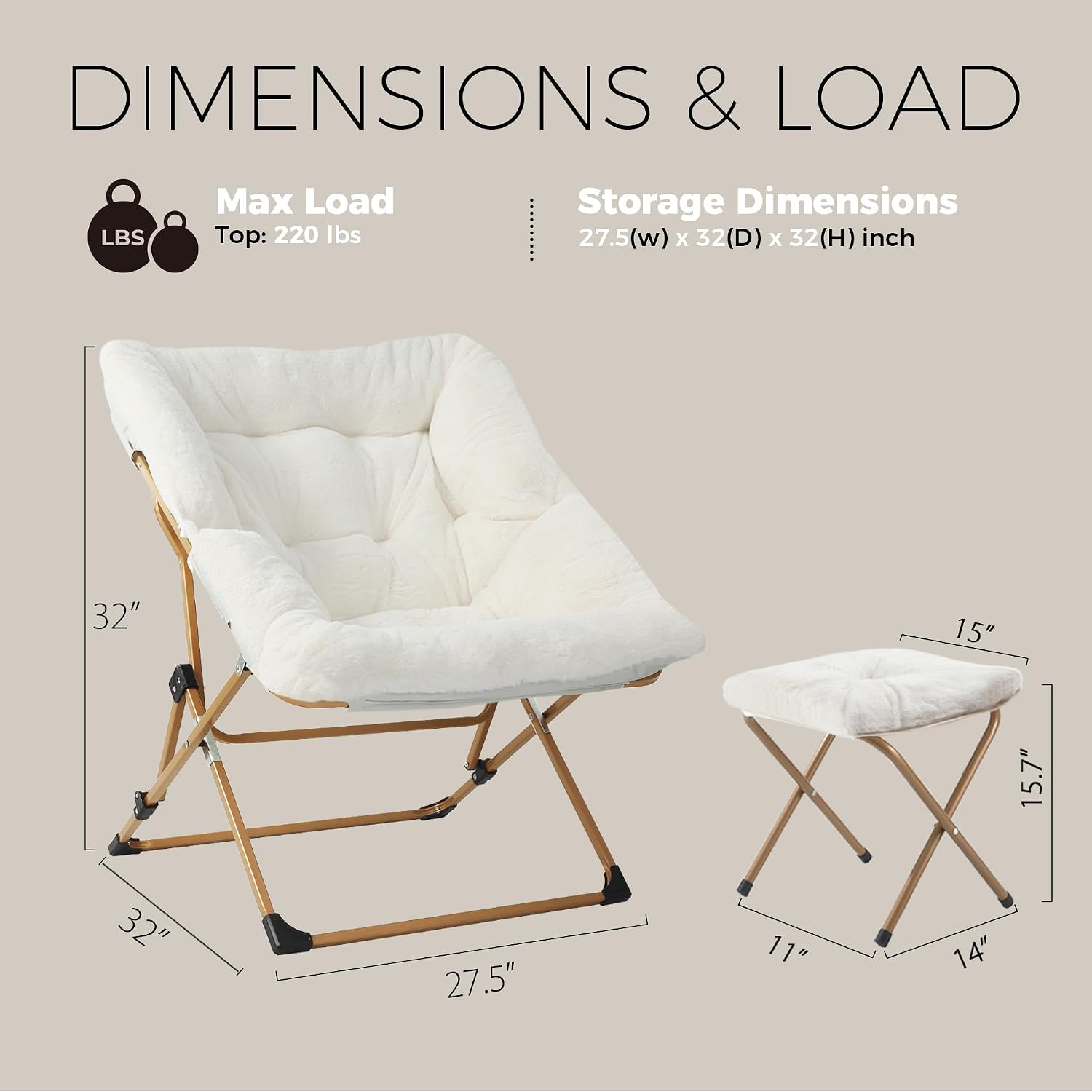 Walsham Folding Comfy Chair with Ottoman, Faux Fur Soft Cozy Lounge Reading Papasan Chair with Footrest for Adults Kids Bedroom Living Room Dorms Small Space, White