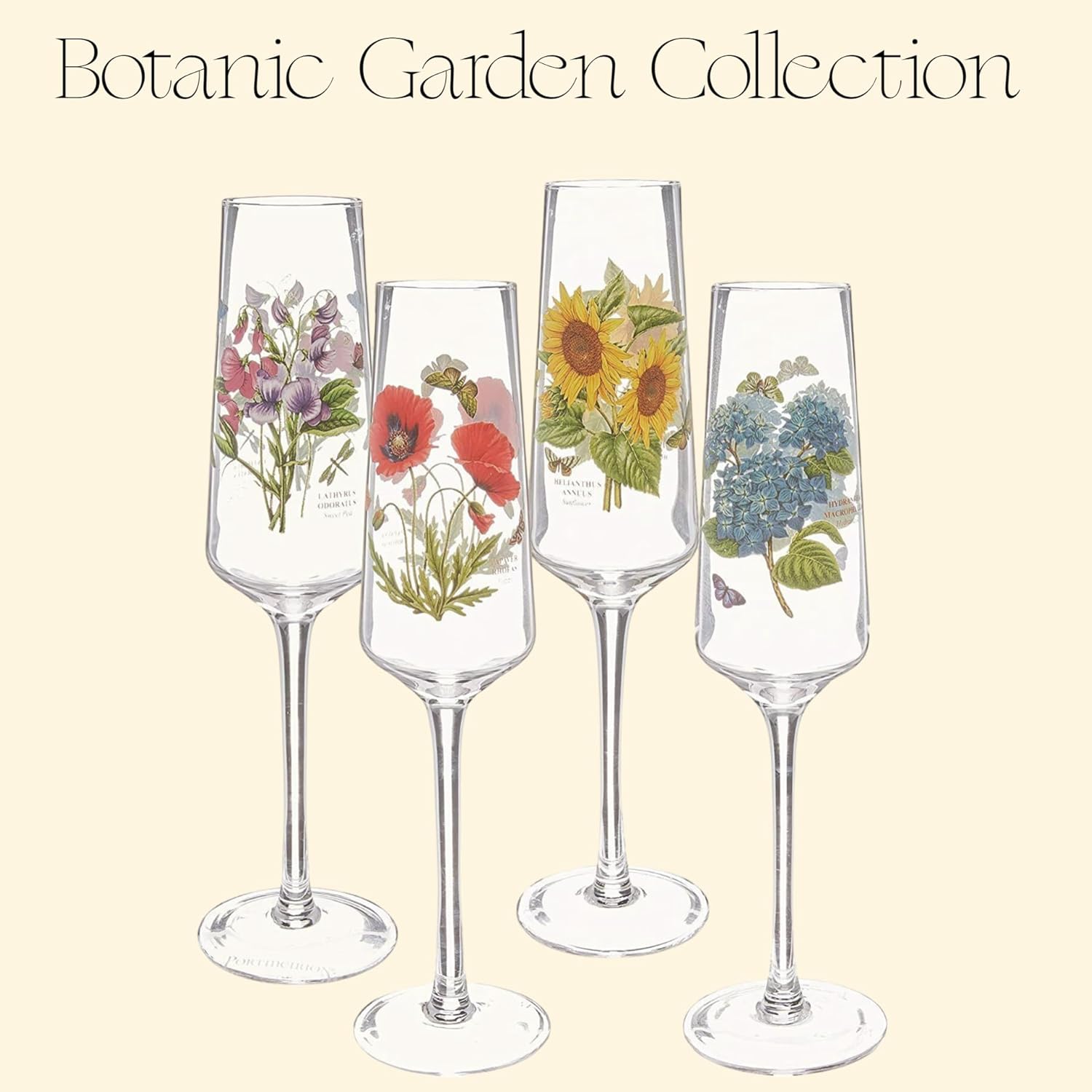 Portmeirion Botanic Garden Set of Four Champagne Glasses - Assorted Floral Designs - Classic English design - Dishwasher, Microwave, Warm Oven Only and Freezer Safe -