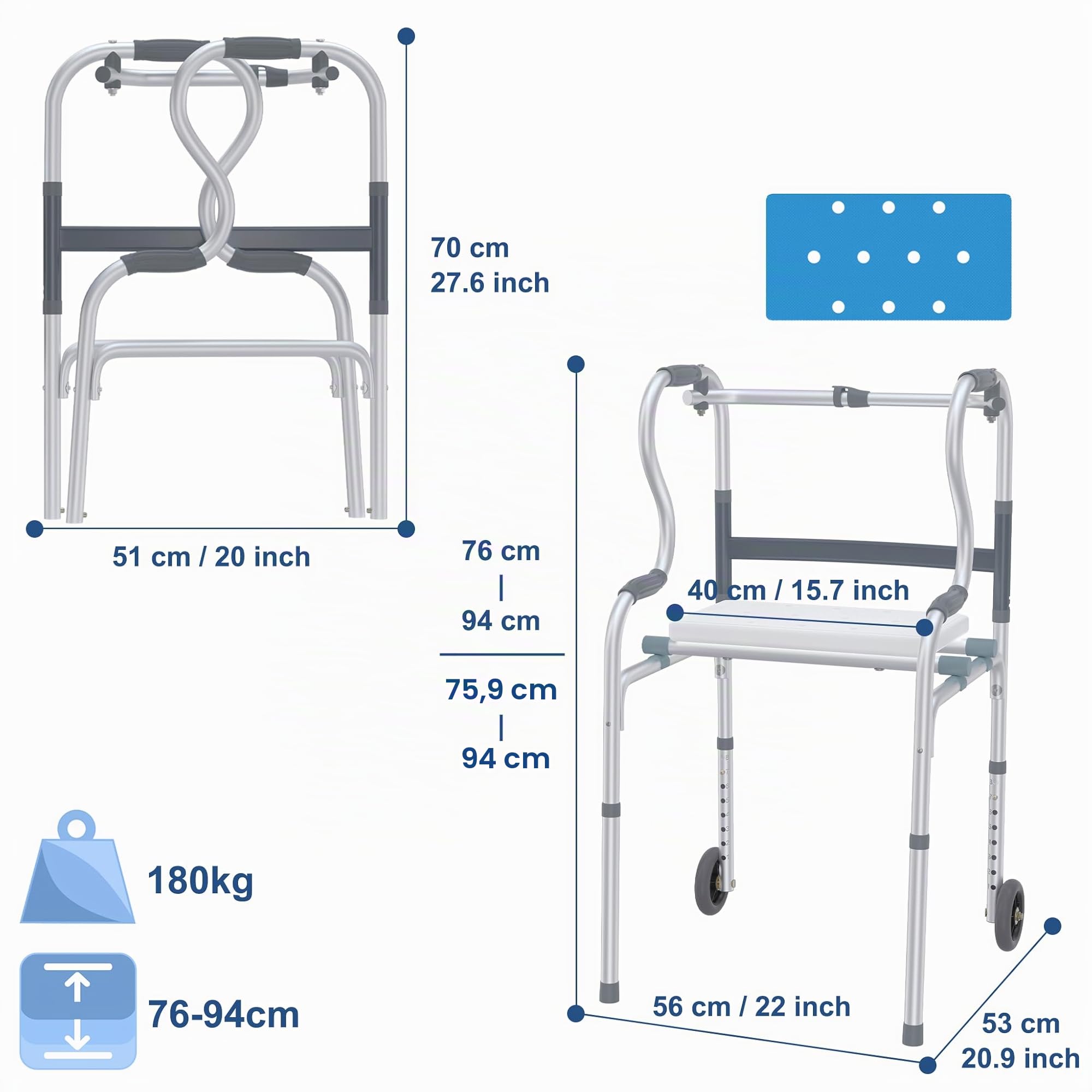 Froadp Andador para personas mayores, caballete de aluminio, fácil de ajustar en altura, con 2 ruedas giratorias, antideslizante, estable, andador, estrecho, para apartamentos, ayuda de pie, mango