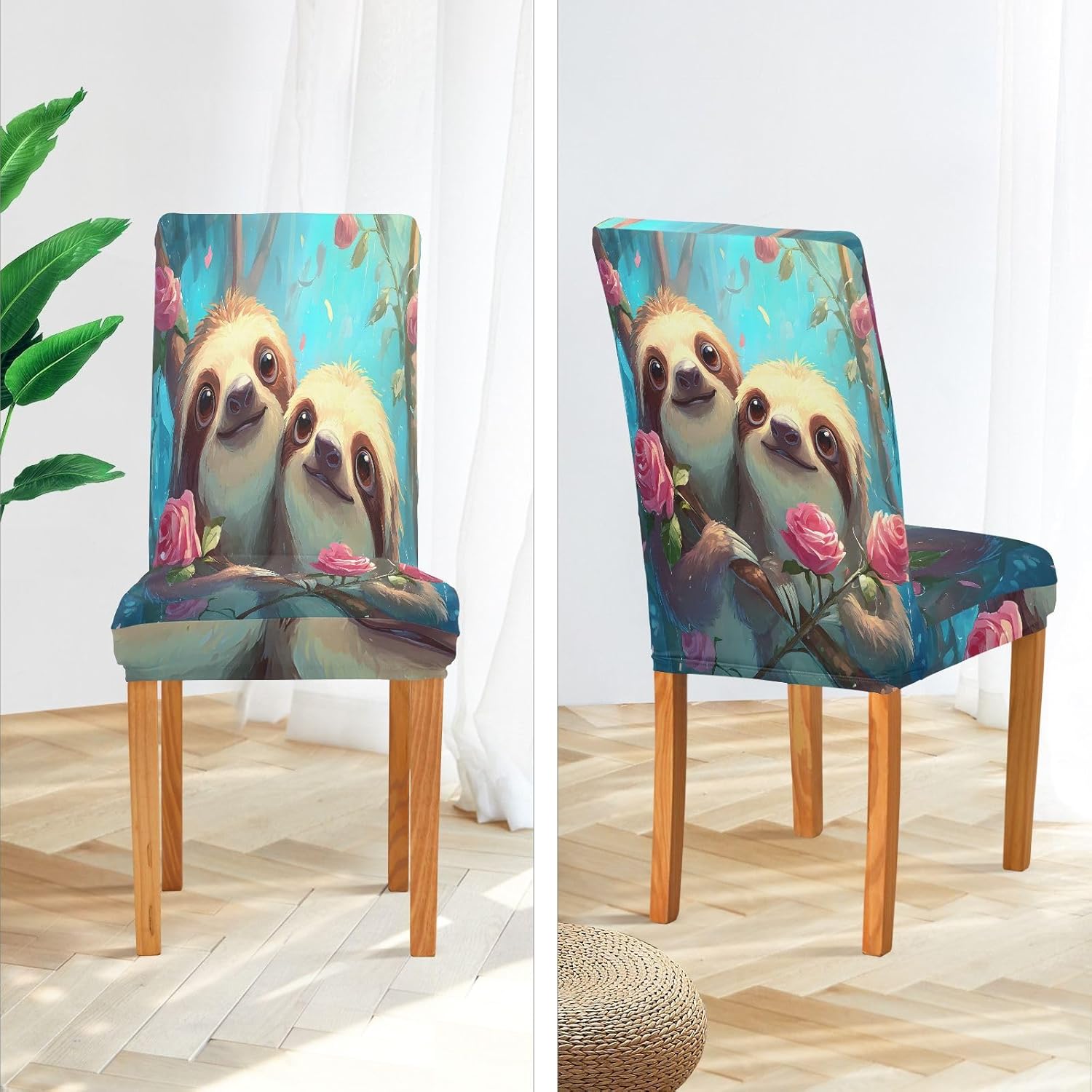 ALAZA Chair Covers for Dining Room, Sloth Rose Stretch Chair Cover Sets Chair Protector Removable Washable for Ktichen Restaurant Hotel