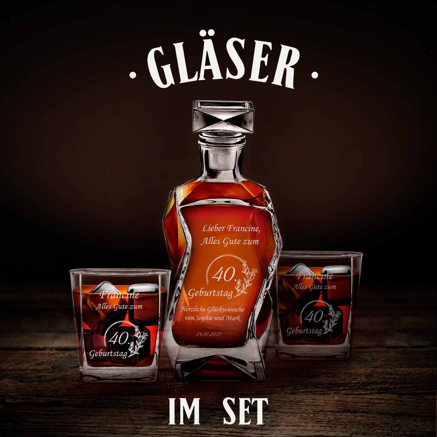 Maverton Whiskey Karaffe + 2er Whiskygläser Set mit Gravur personalisiert