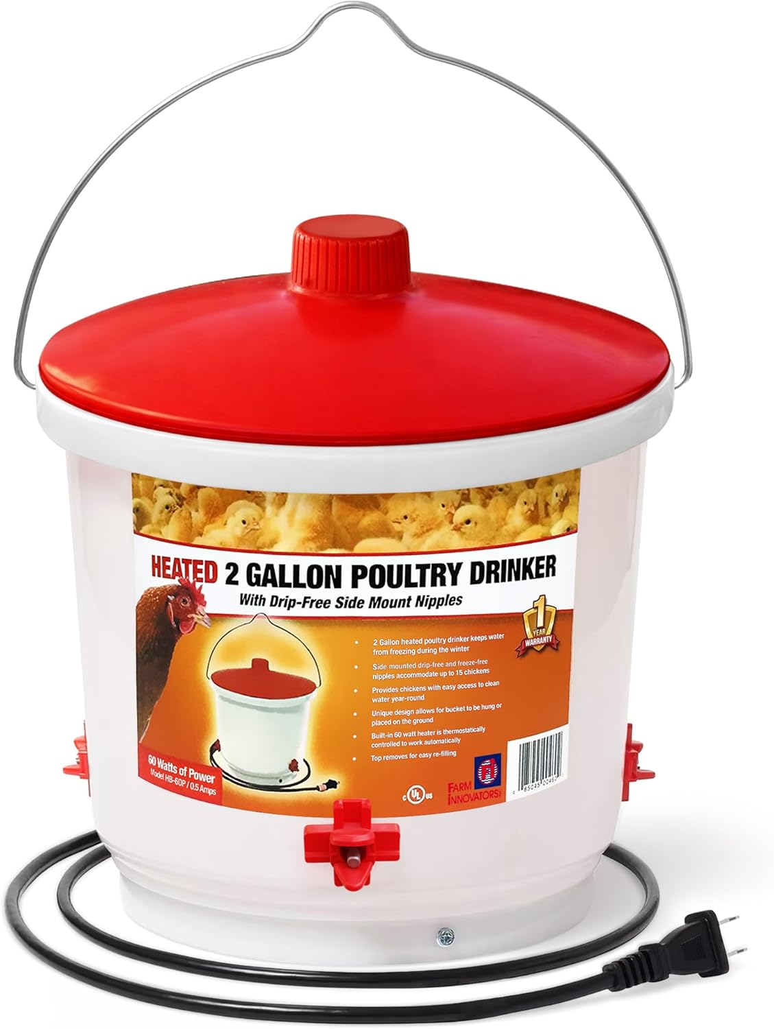 Farm Innovators Heated Waterer with Lid, 60W Hanging Water Dispenser - 2 Gallon Poultry Drinker Bucket with Red Top for Chickens, Turkeys, and Geese