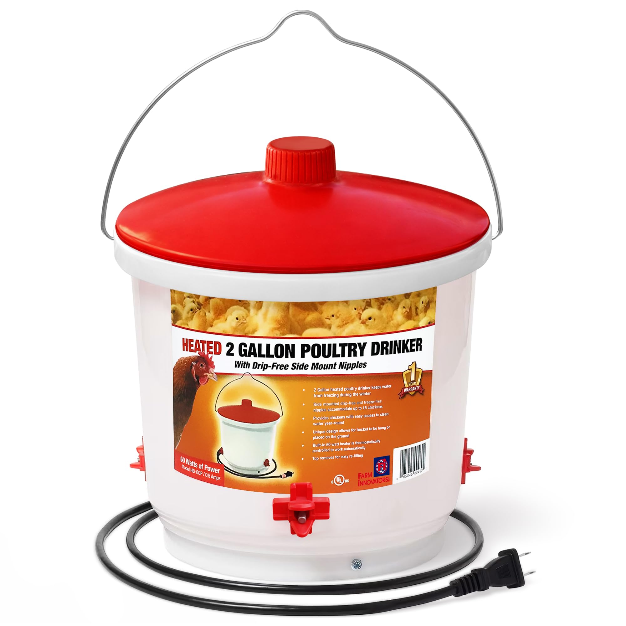 Farm Innovators Heated Waterer with Lid, 60W Hanging Water Dispenser - 2 Gallon Poultry Drinker Bucket with Red Top for Chickens, Turkeys, and Geese
