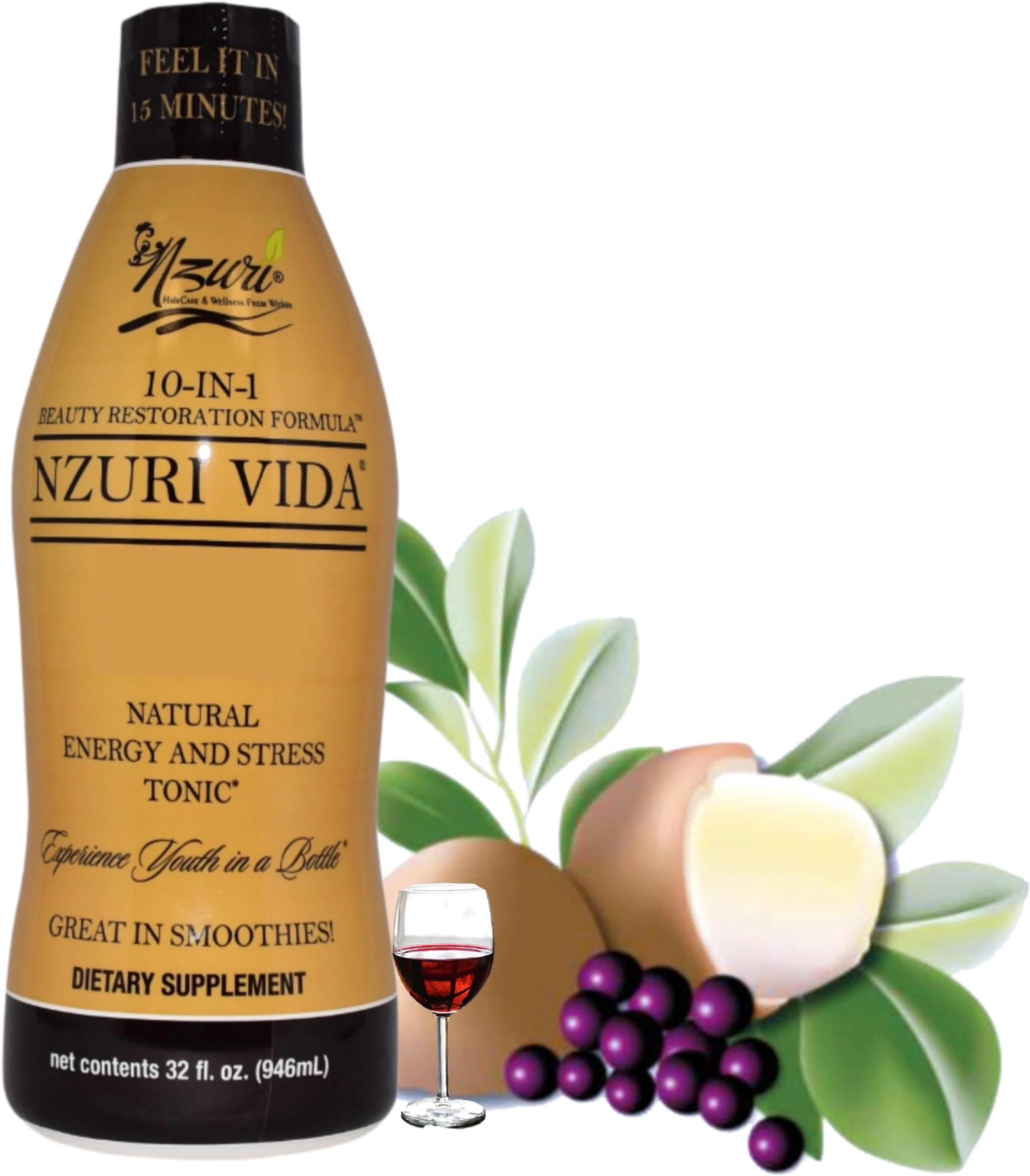 Nzuri Vida All-Natural Energy & Stress Support Tonic – 10-in-1 Total Body Restoration Drink with Acai Berry, Cupuacu & Yerba Mate – Smooth Energy, Calm Focus, Detox & Immune Support 32 OZ