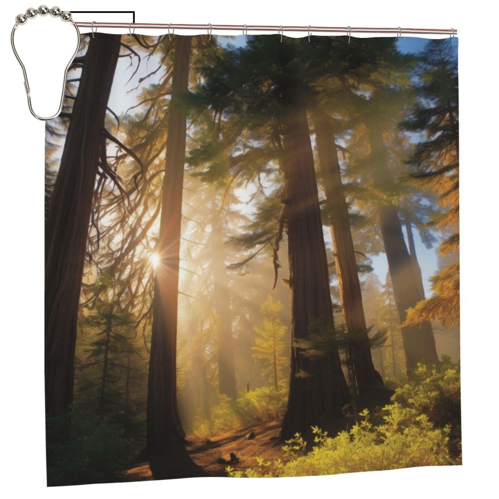 BWWHCCTI National Parks Sunshine Trees Printed Shower Curtain With 12 Iron Hooks Opaque Quick Drying Waterproof Shower Curtains Sets For Bathroom 183x183 CM