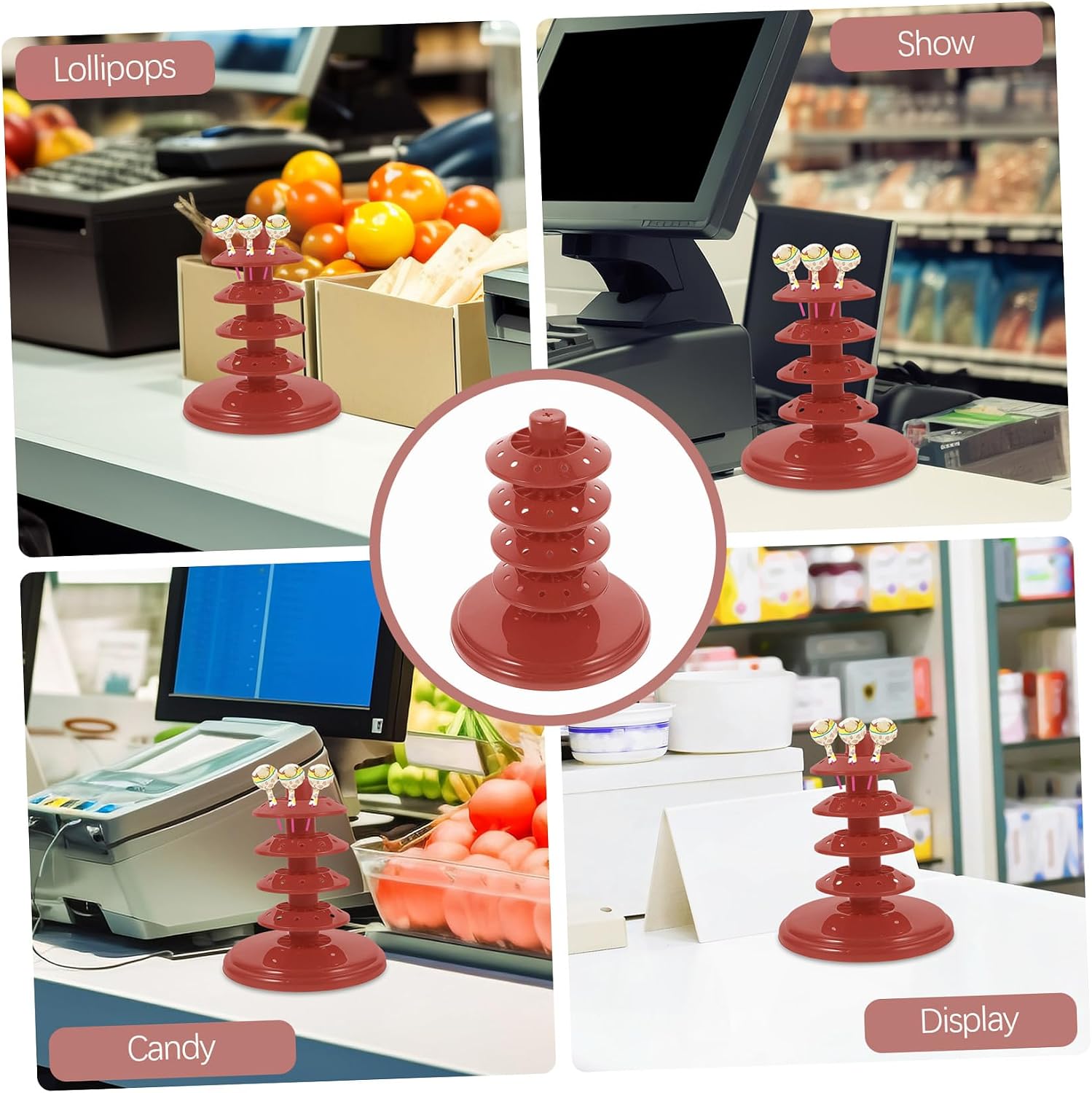 Multi-Layer Red Lollipop Display Stand, 4-Tier Tabletop Candy Rack with Circular Holes, Desktop Holder for Party and Event Candy Serving