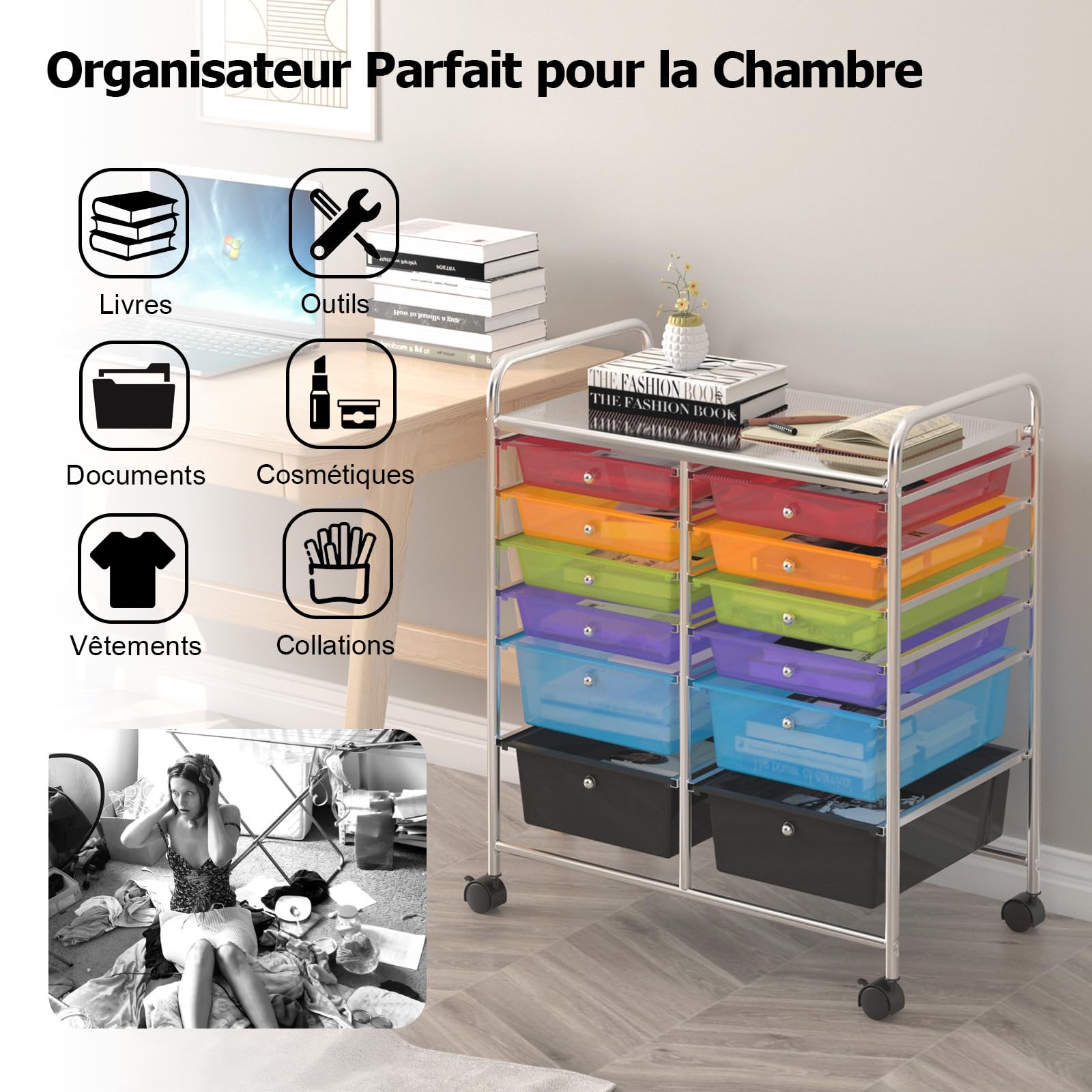 Giantex Chariot de Rangement à roulettes 12 Tiroirs Amovibles, Tour de Rangement Mobile Utilitaire à Plateau & Poignées, Desserte à roulettes pour Salon Bureau Chambre, 64x38x75CM (Multi-Transparent)