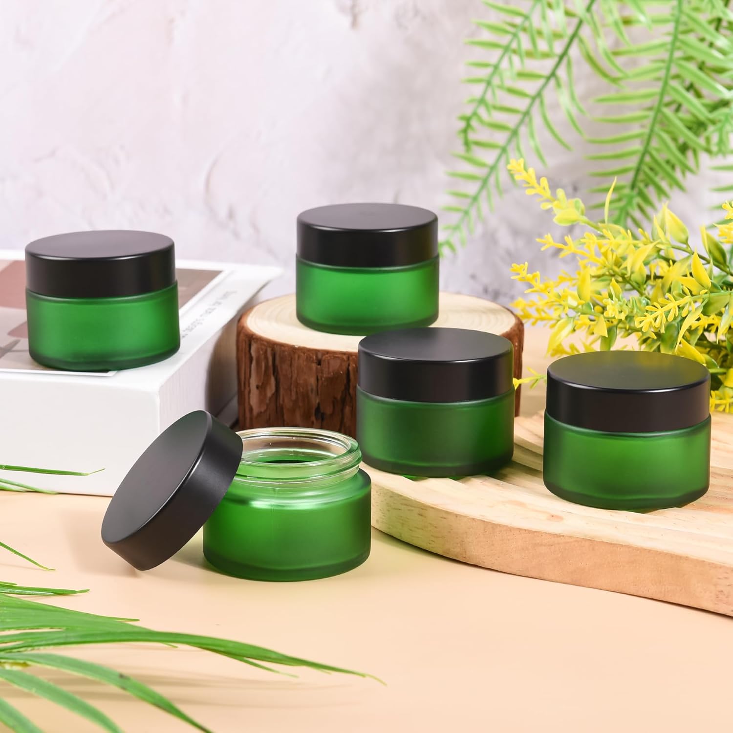 BILLIONSTARS 30g Green Frosted Glass Cream Jars with Black Lid - Airtight Cosmetic Containers for Face Cream, Body Lotion, DIY Skincare Packaging, BPA-Free (Set of 24) (Green Frosted, 1oz)