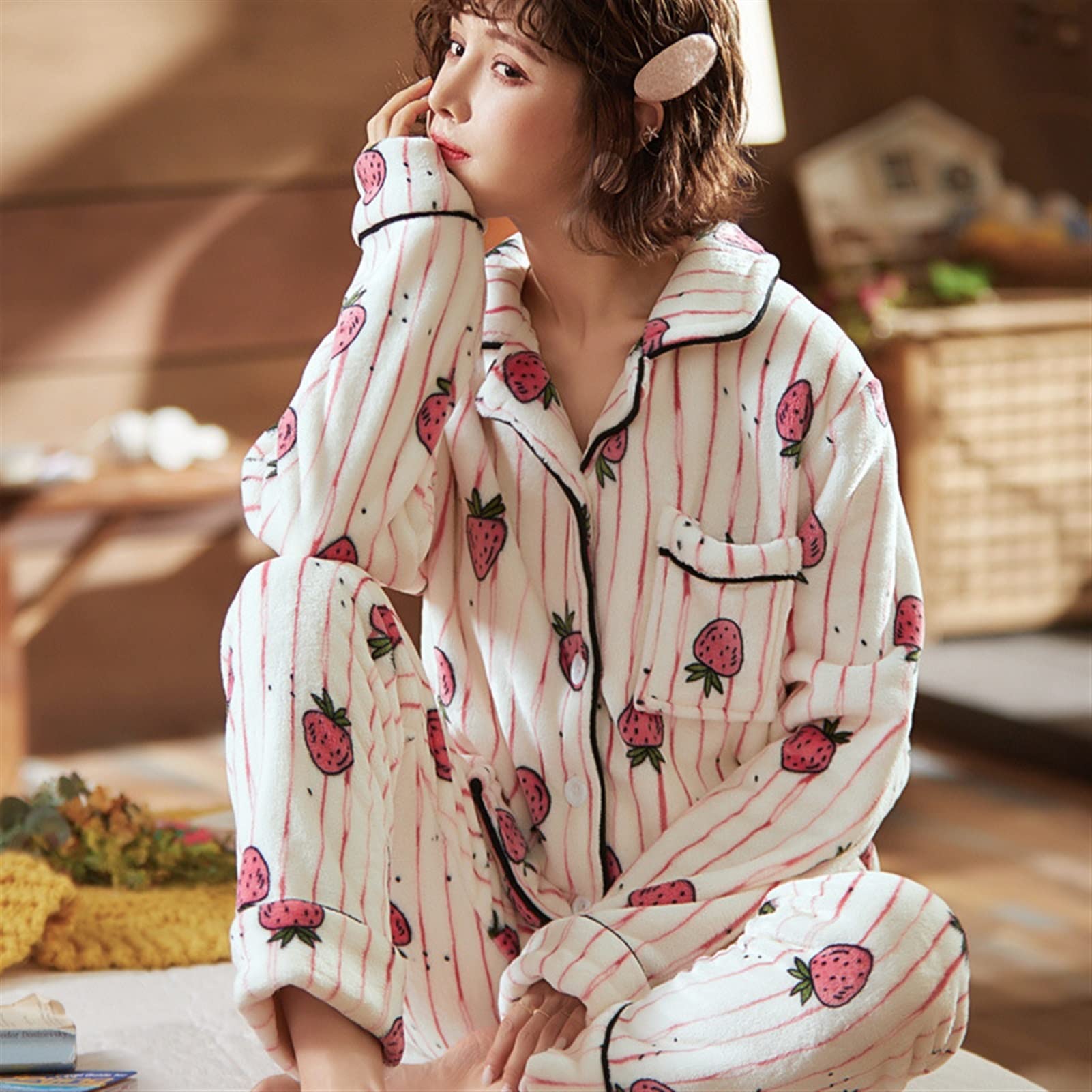 Estink Women’s Coral Fleece Pajama Set – Long Sleeve Two-Piece For Winter & Autumn (Super Soft & Warm)