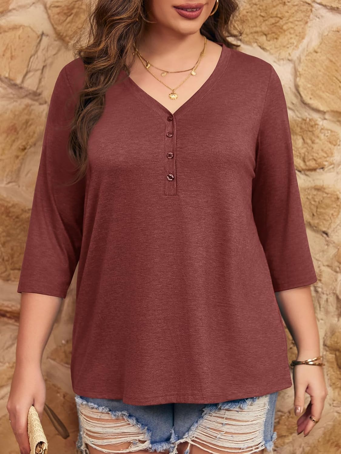 Fisoew Women's Large Size Blouse 3/4 Sleeve Blouse Shirt Deep V-Neck T-Shirt with Button Oversized Tunic Shirts Brick Red XXL large sizes