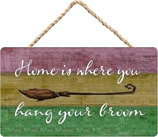 Licpact Home is Where You Hang Your Broom Funny Wood Sign, Halloween Sign, Wicked Witch Sign Wall Hanging Home Decor Cabin Sign 15x30cm/6x12 inch
