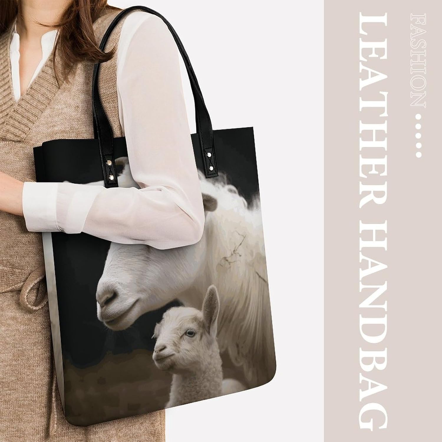 Cute Sheep with Mother Handbags Large Capacity, Tote Bag Stylish Slouchy, Shoulder Bags for Work Beach Travel And Shopping Grocery.