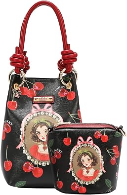 Nicole Lee Nikky Bag 2 Pc Shoulder Bag, Structured, Magnetic Closure, Adjustable Strap, Crossbody Included CHERRY LIPS BLACK