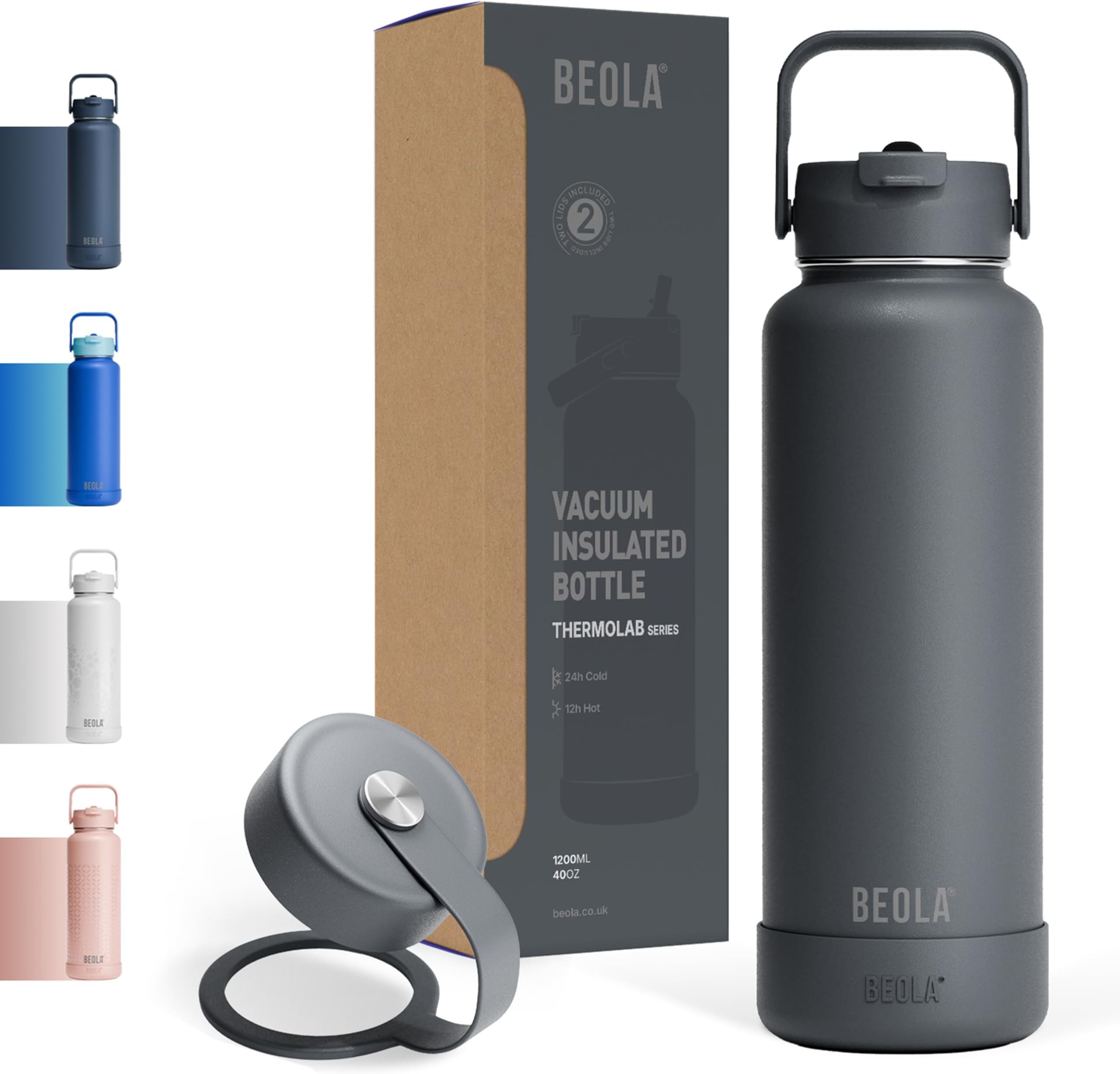 – 1200ml Water Bottle 18/8 Stainless Steel Double Wall Insulated Bottle, with Straw Lid and Wide Mouth, 2 lids included, Hot Cold Water Flask Sports Bottle, 40oz (Lava Gray)