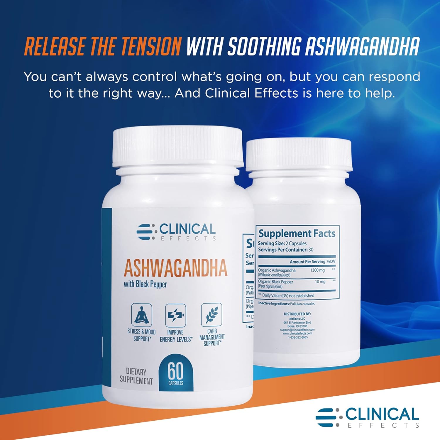 Clinical Effects Ashwagandha with Black Pepper for Stamina and Calm - 3 Pack, 180 Ashwagandha Capsules - Made in The USA