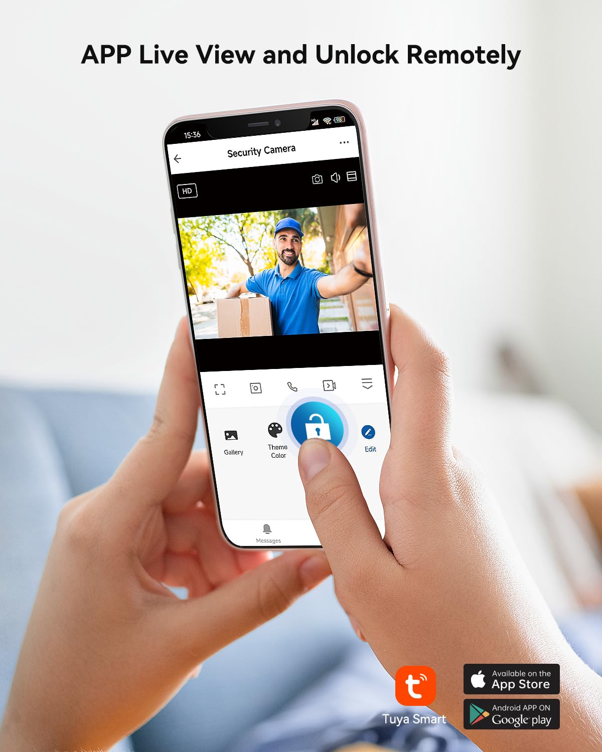 A smartphone displaying the TuyaSmart app interface with a live view from the doorbell camera and an unlock button highlighted.