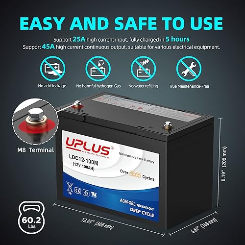 Miniatura 2 de UPLUS - Batería de ciclo profundo de 12 V 100 Ah, LDC12-100M sin mantenimiento, BCI Group 27 baterías de gel recargables para energía solar, RV,