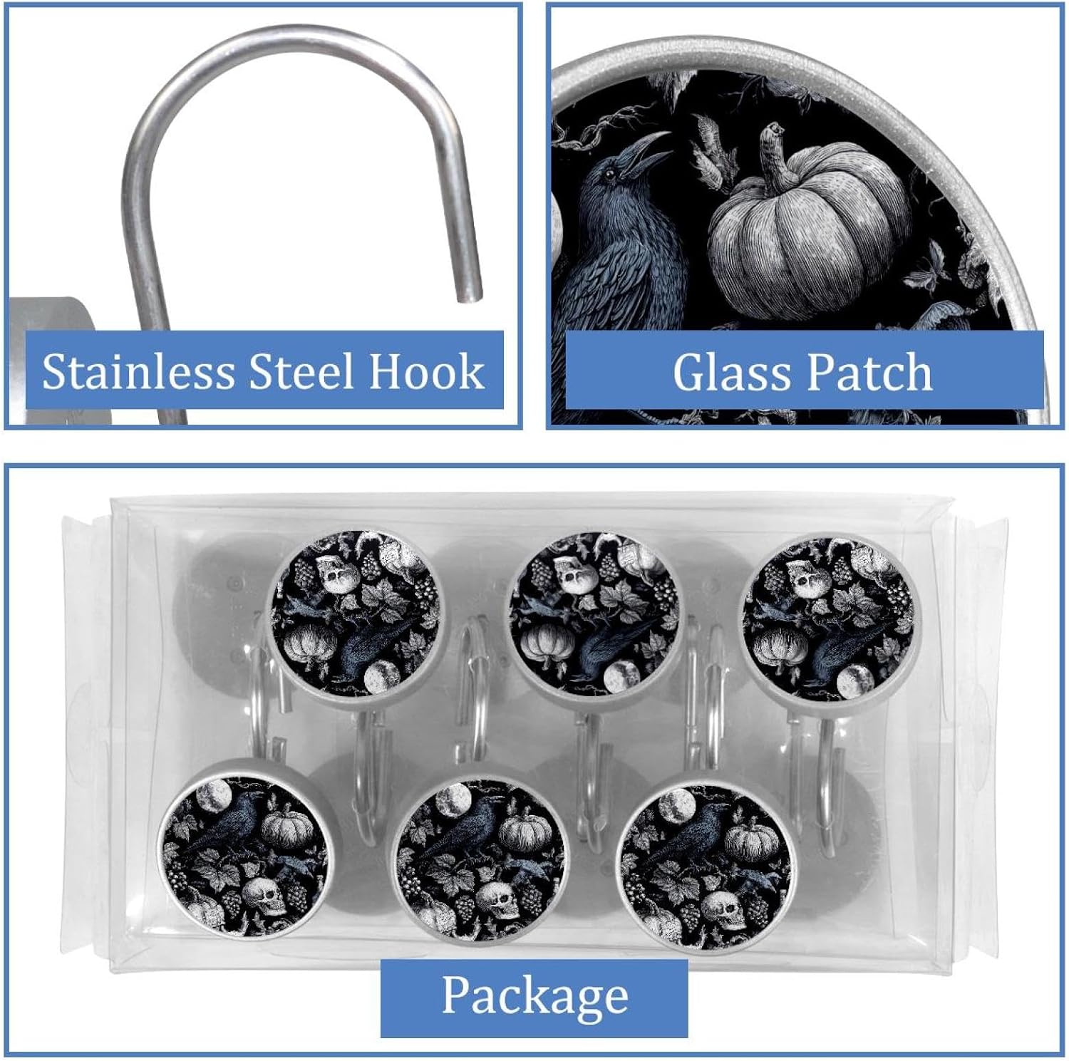 Halloween (34) Round Crystal Glass Decorative Shower Curtain Hooks with 3D Pattern Visual, Rust Proof Shower Curtain Rings-12 Pack