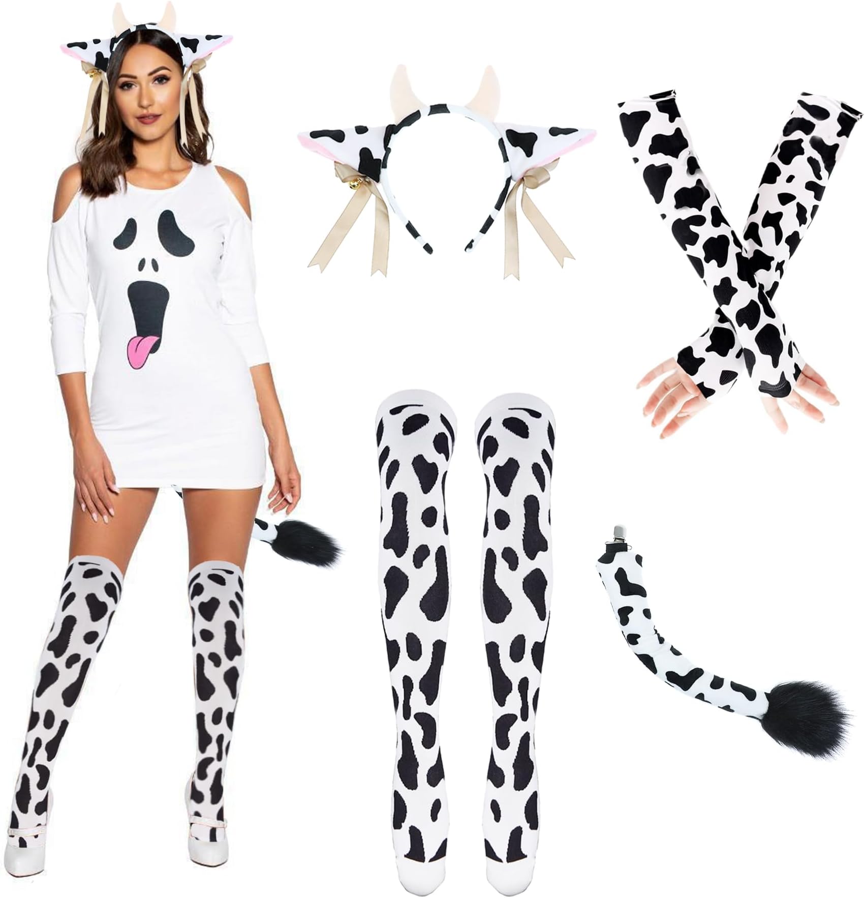 4Pcs Womens Cow Ears Headband & Tail Costume Set, Cows Print Arm Sleeves & Socks for Halloween Adults Cosplay Accessories (Black & White)