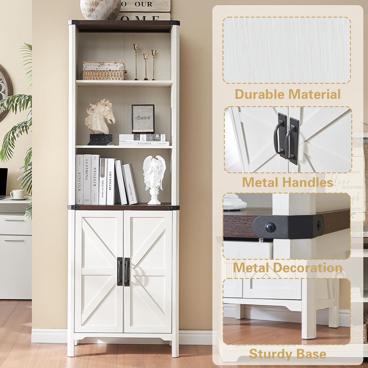 71" Tall Bookshelf, 5 Tier Bookcase with Adjustable Shelves and Barn Doors, White Farmhouse Bookshelf with Storage Cabinet, Wood Freestanding Display Bookshelves for Bedroom, Living Room