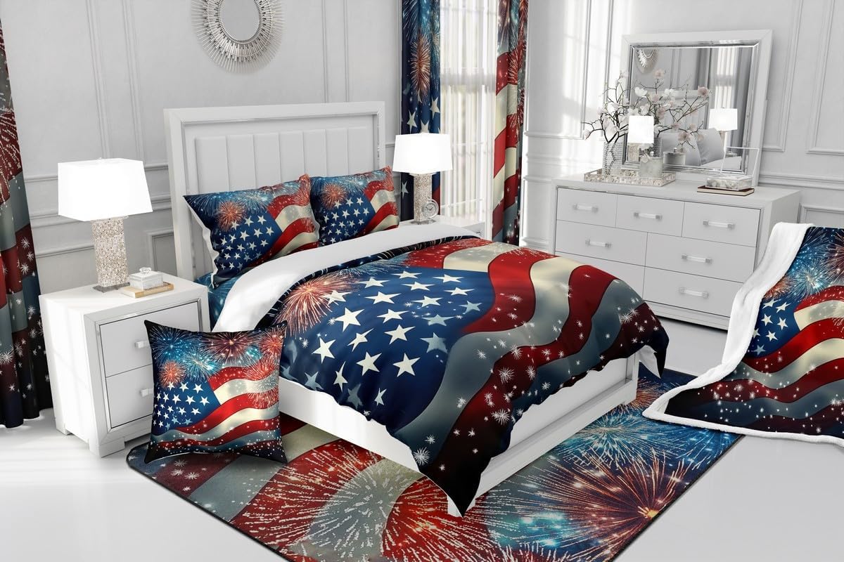 Fireworks Duvet Cover Set Toddler Size,American Flag Bedding Set for Kids Boys Girls Room Decor,Red Blue Comforter Cover,Happy New Year Quilt Cover with 1 Pillowcase(No Comforter)