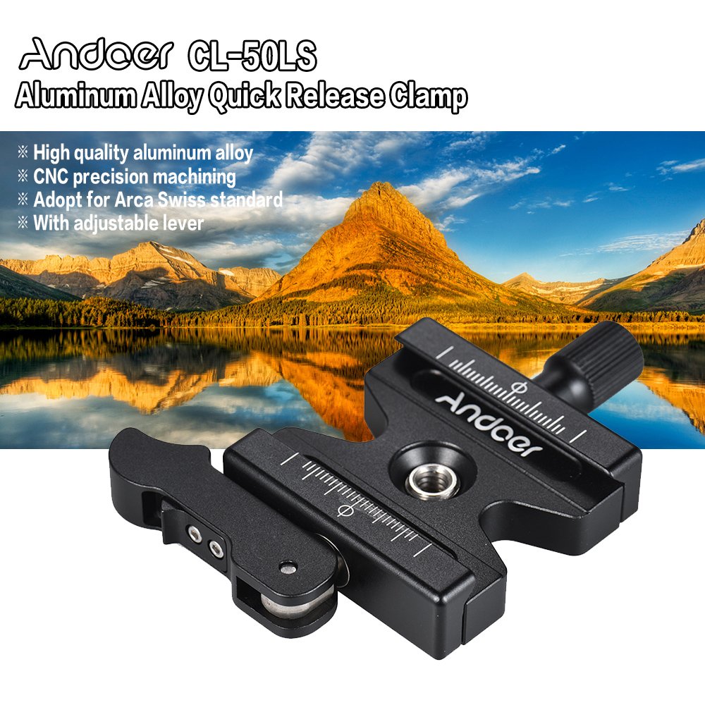 Andoer CL-50LS Quick Release Plate z regulowaną dźwignią przycisk 1/4" i 3/8" otwór na śrubę płyta statywu do Arca Swiss Standard płytka szybkozłączka głowica kulowa statyw