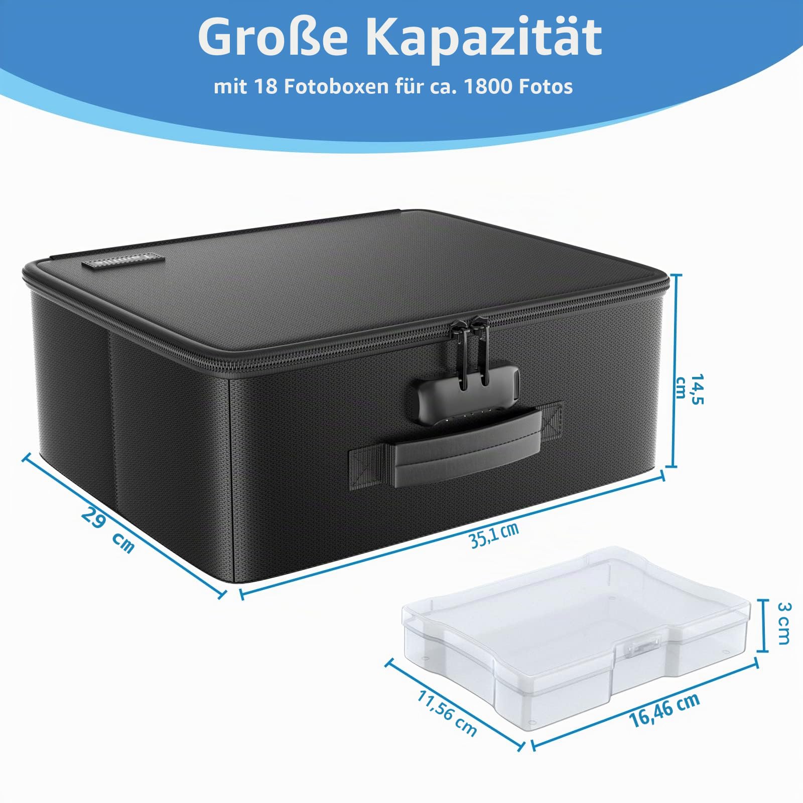 Tamfile Feuerfeste Foto-Aufbewahrungsbox, 18 transparenten 10,2 x 15,2 cm Innen-Fotohüllen, Foto-Organizer mit Schloss für Bilder, Karten, Briefmarken und Bürobedarf mit 4 Blatt Etikettenaufklebern