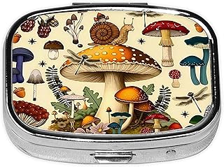 ABLESKY Pill Box, 2 Compartment Pill Organizer Case for Pocket or Purse, Small Portable Metal Travel Medicine Box with Mirror, Daily Vitamins Fish Oil Container-Vintage Snail Fantastic Mushroom