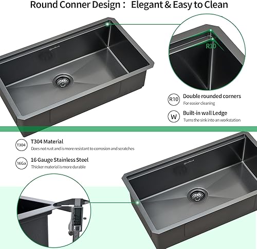 Miniatura 7 de Fregadero de cocina de montaje inferior, fregadero de cocina de acero inoxidable calibre 16, fregadero de cocina de 33 x 19 x 10 pulgadas, color