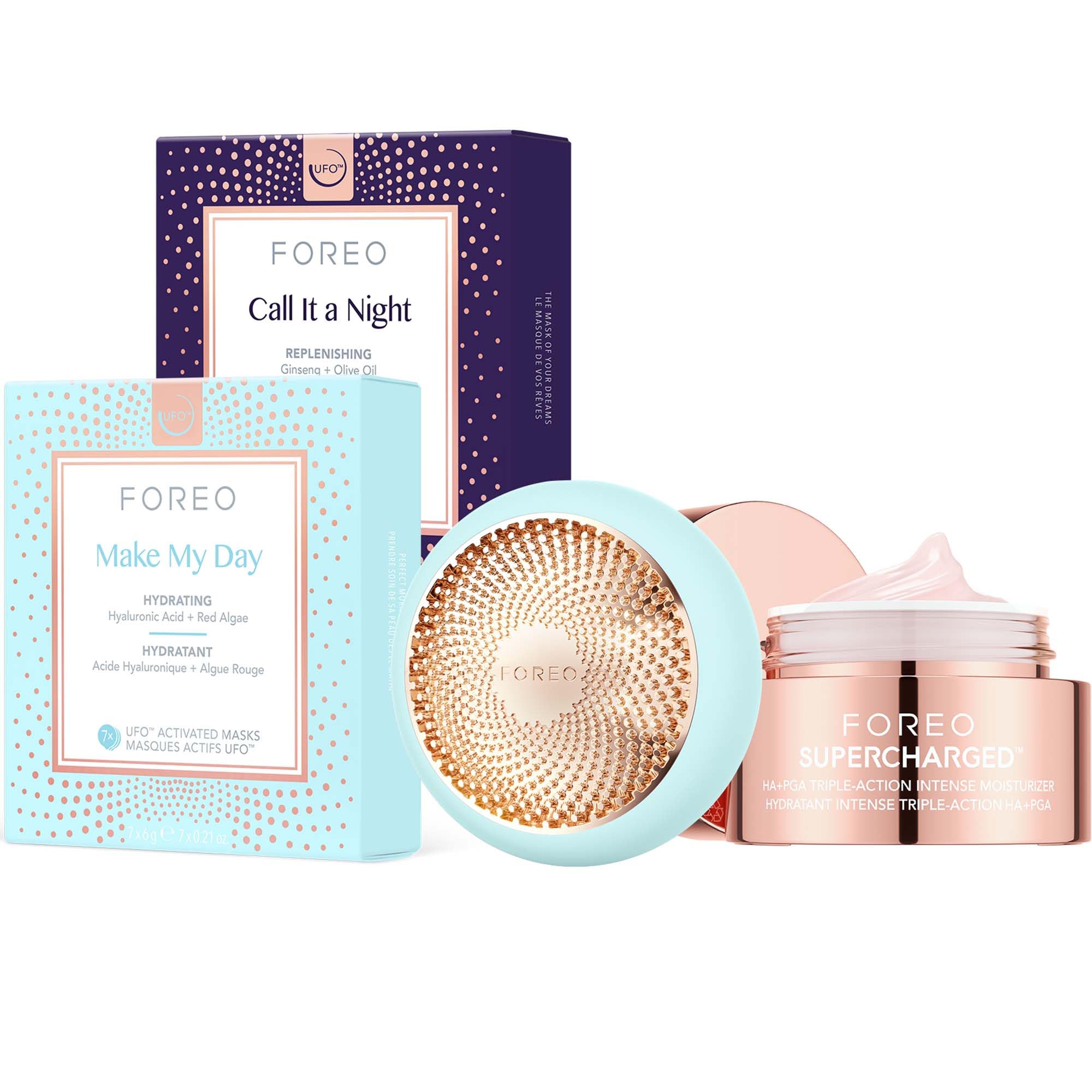 FOREO UFO 3 + Daily Duo Masks x7 + SUPERCHARGED Feuchtigkeitscreme – Set | LED-Gesichtsmaske, LED-Maske, Gesichtscreme, Tuchmasken, Hyaluronsäure, Rotlichtmaske, Feuchtigkeitsmaske
