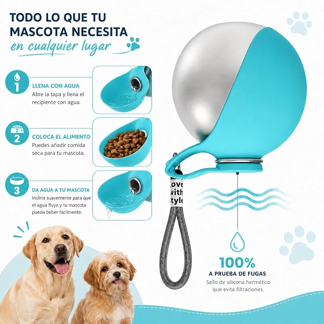 Foto 3 de 8 de Botella de Agua para Perros 285 ml, Bebedero de Viaje Portátil con Cuenco Plegable de Silicona