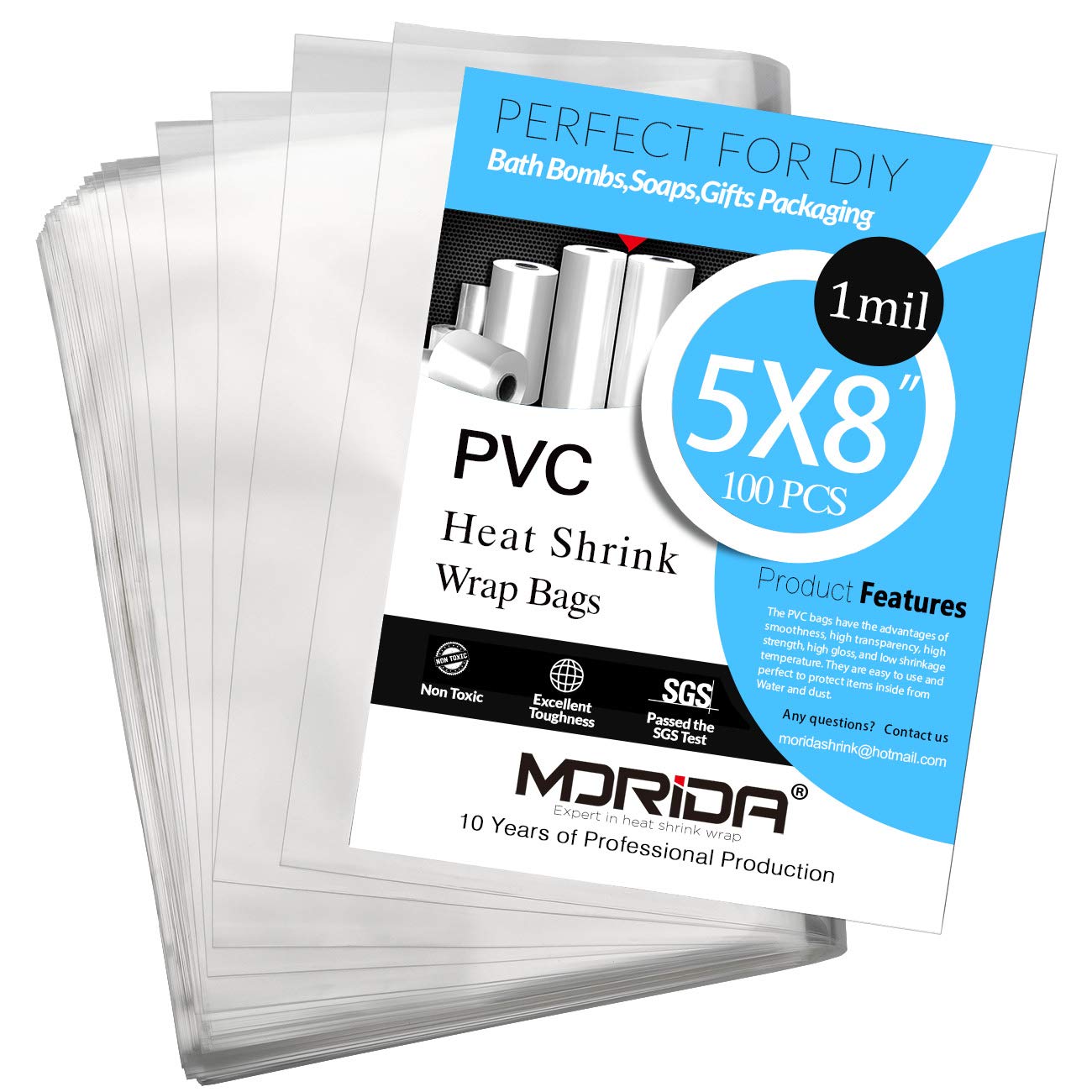 MORIDA 100 pcs 5X8 inch PVC Heat Shrink Wrap Bags 100 Gauge, Clear Film for Bath Bomb Bags, Soaps, Gifts, Bottles, DIY Handmade Crafts, Dustproof Packaging…